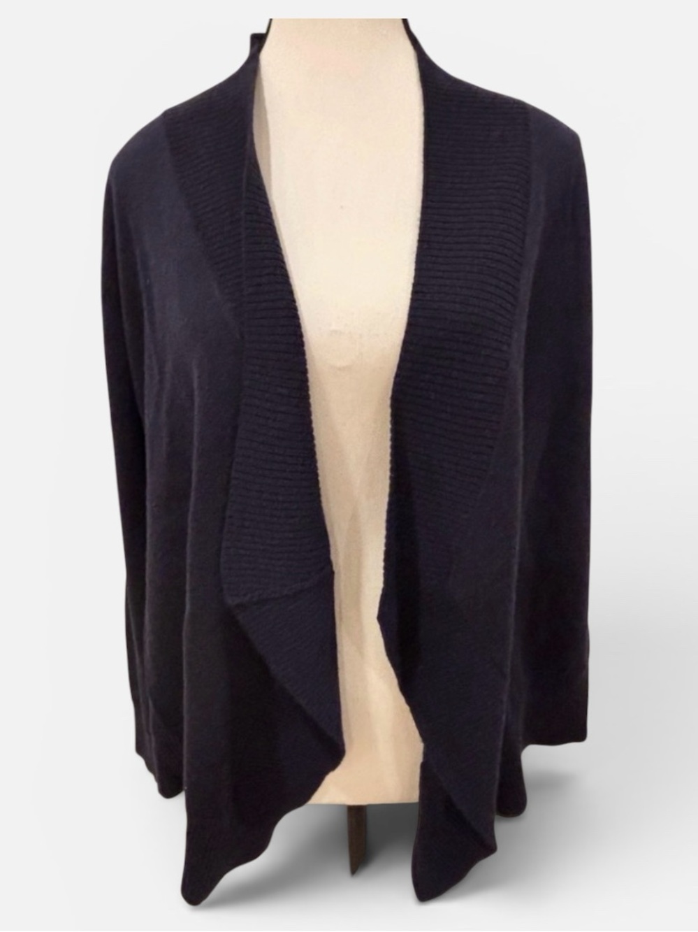Eileen Fisher Merino Wool Navy Open-Front Knit Cardigan Sweater, medium
